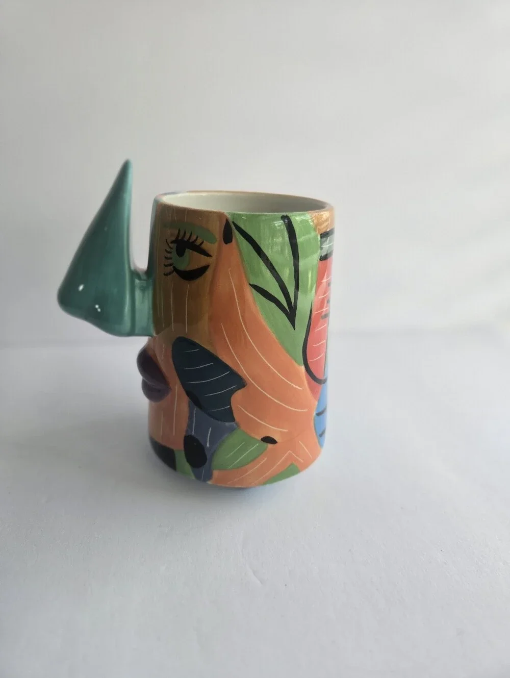 Hand-Painted Abstract Face Ceramic Mug in Orange and Teal